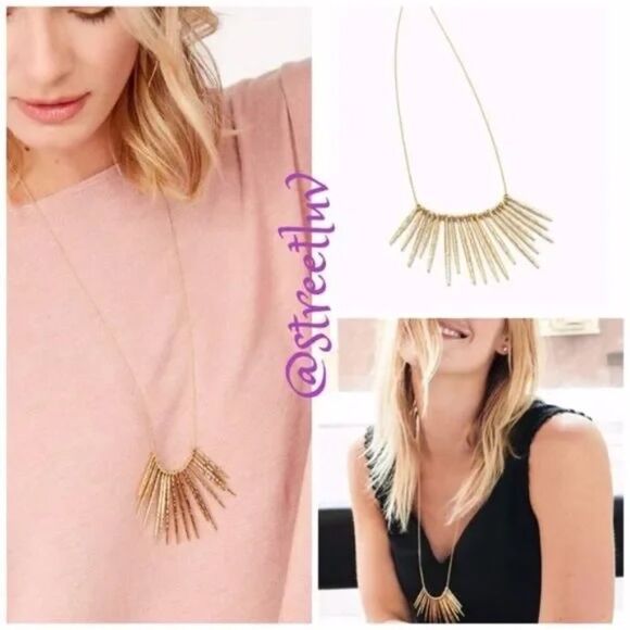 Stella & Dot Kari Fringe Necklace Gold Spikes Pulley Chain 32” Adjustable - Picture 1 of 10